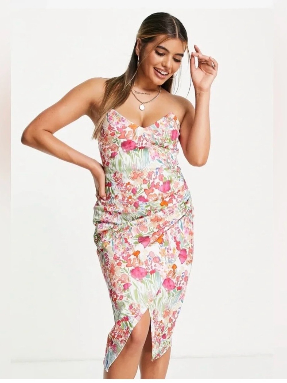 ASOS Floral  Midi Dress in Pink, Green & Coral